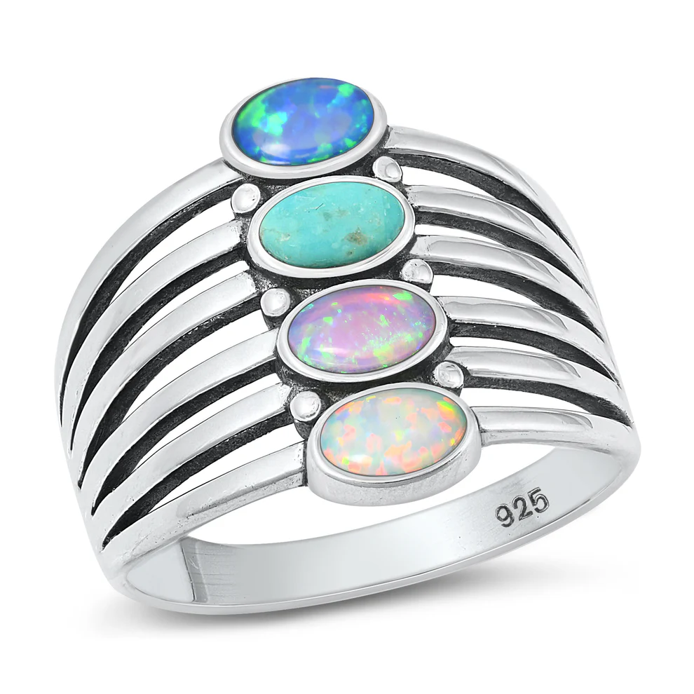 Sterling Silver Oxidized Multi Color Lab Opal Ring