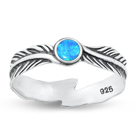 Sterling Silver Oxidized Blue Lab Opal Feather Ring