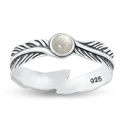 Sterling Silver Oxidized Feathers Moonstone Stone Ring