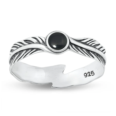 Sterling Silver Oxidized Feathers Black Agate Stone Ring