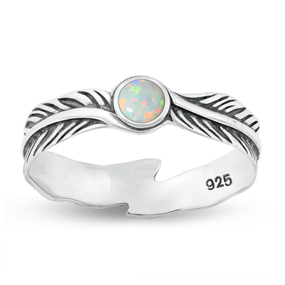 Sterling Silver Oxidized Feathers White Lab Opal Stone Ring