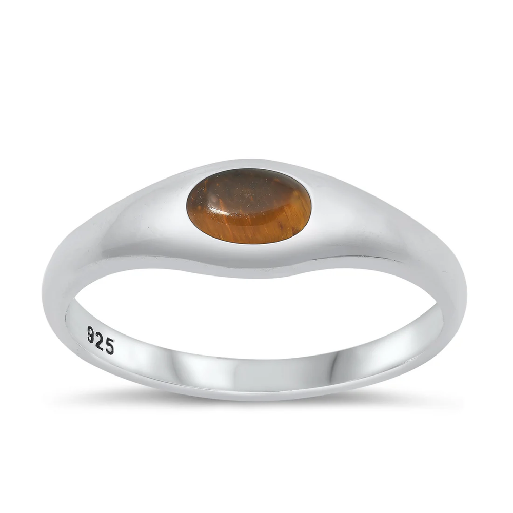 Sterling Silver High Polished Oval Tiger Eye Stone Ring