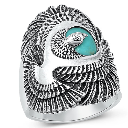 Sterling Silver Oxidized Eagle Genuine Turquoise Ring