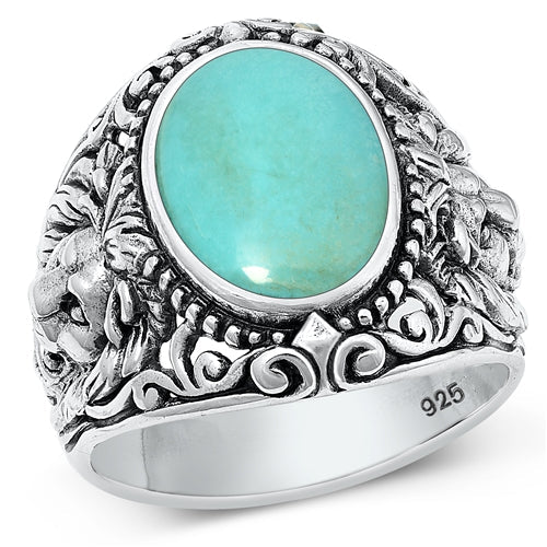 Sterling Silver Oxidized Lion Head Genuine Turquoise Ring