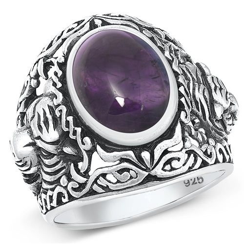 Sterling Silver Oxidized Tiger Head Genuine Amethyst Ring