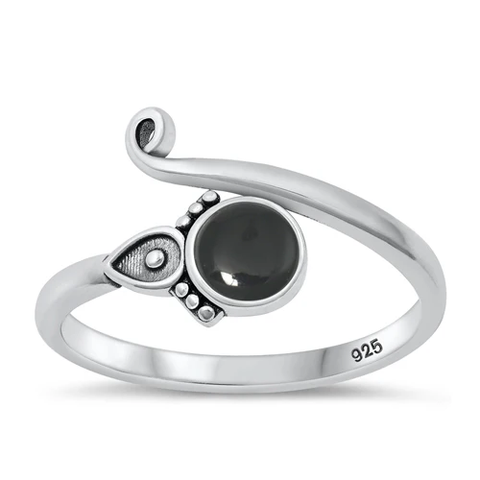 Sterling Silver Oxidized Bali Black Agate Stone Ring