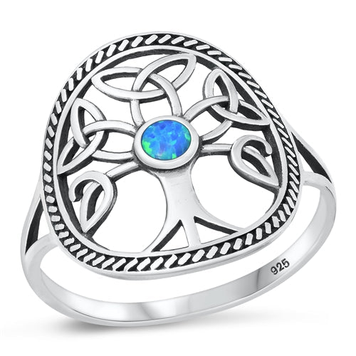 Sterling Silver Oxidized Celtic Tree Blue Lab Opal Ring-18.5mm