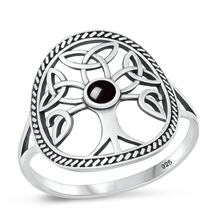 Load image into Gallery viewer, Sterling Silver Oxidized Celtic Tree Black Agate Stone Ring