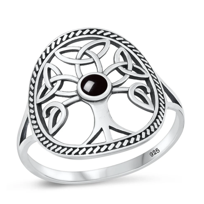 Sterling Silver Oxidized Celtic Tree Black Agate Stone Ring