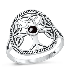 Sterling Silver Oxidized Celtic Tree Black Agate Stone Ring