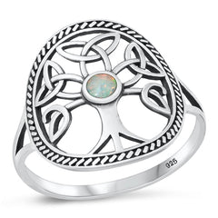 Sterling Silver Oxidized Celtic Tree White Lab Opal Ring-18.5mm