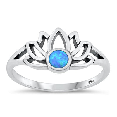 Sterling Silver Oxidized 9.7mm Lotus Blue Lab Opal Ring