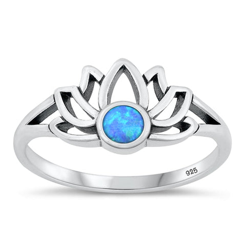 Sterling Silver Oxidized Lotus Blue Lab Opal Ring