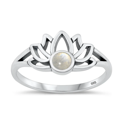 Sterling Silver Oxidized 9.7mm Lotus Moonstone Stone Ring