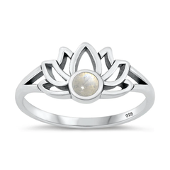 Sterling Silver Oxidized 9.7mm Lotus Moonstone Stone Ring