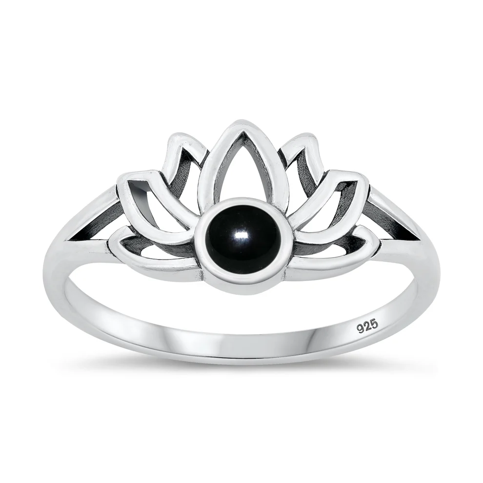 Sterling Silver Oxidized Lotus Black Agate Stone Ring