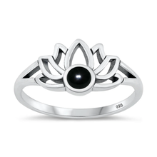 Load image into Gallery viewer, Sterling Silver Oxidized Lotus Black Agate Stone Ring