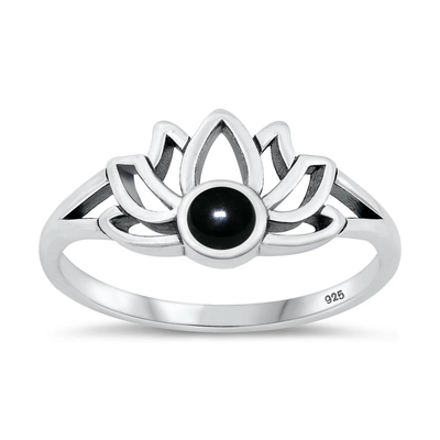 Sterling Silver Oxidized Lotus Black Agate Stone Ring