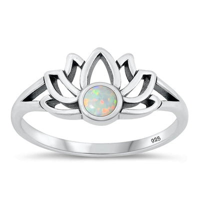 Sterling Silver Oxidized 9.7mm Lotus White Lab Opal Ring