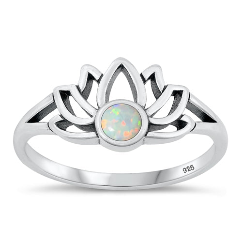 Sterling Silver Oxidized Lotus White Lab Opal Ring