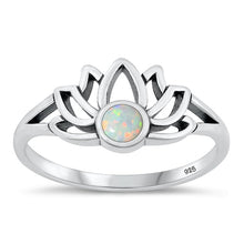 Load image into Gallery viewer, Sterling Silver Oxidized Lotus White Lab Opal Ring