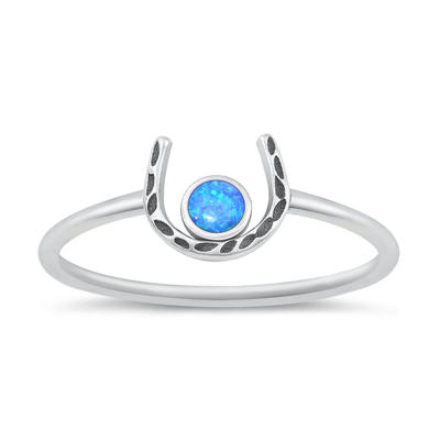Sterling Silver Oxidized Horseshoe Blue Lab Opal Ring