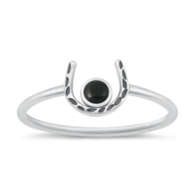 Load image into Gallery viewer, Sterling Silver Oxidized Horseshoe Black Agate Stone Ring