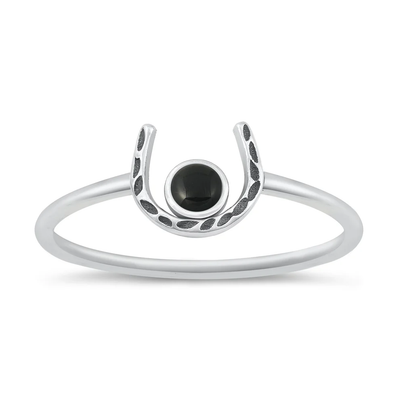 Sterling Silver Oxidized Horseshoe Black Agate Stone Ring