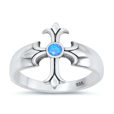Sterling Silver Oxidized Cross Blue Lab Opal Ring