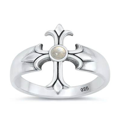Sterling Silver Oxidized Cross Moonstone Stone Ring