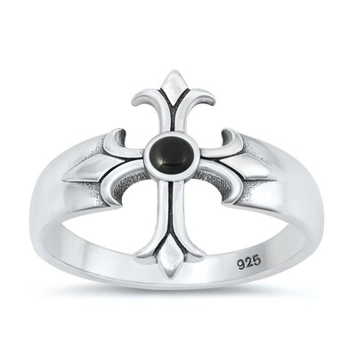 Sterling Silver Oxidized Cross Black Agate Stone Ring