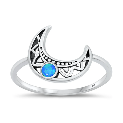 Sterling Silver Oxidized Moon Blue Lab Opal Ring