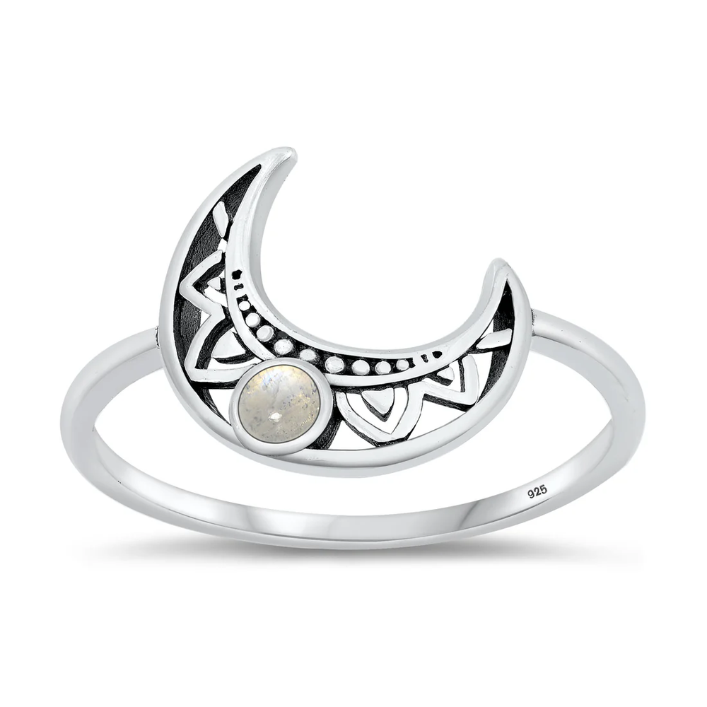 Sterling Silver Oxidized 13.5mm Moon Moonstone Stone Ring
