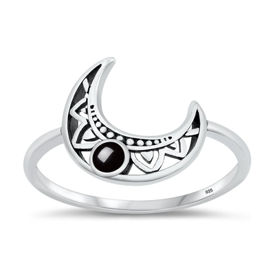 Sterling Silver Oxidized Moon Black Agate Stone Ring