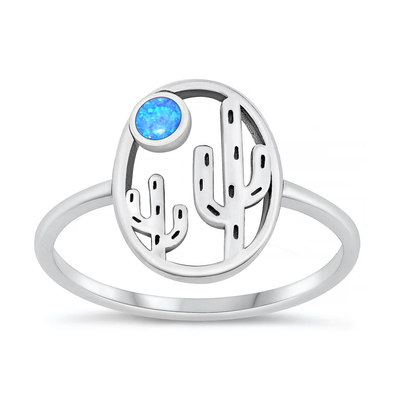 Sterling Silver Oxidized Cactus Blue Lab Opal Ring