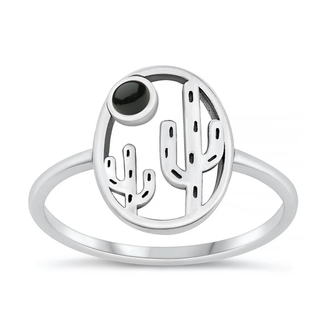 Sterling Silver Oxidized 14.4mm Cactus Black Agate Stone Ring