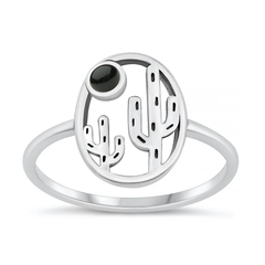 Sterling Silver Oxidized 14.4mm Cactus Black Agate Stone Ring