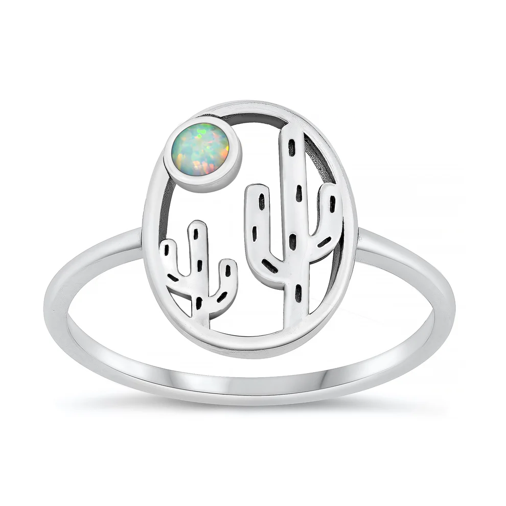Sterling Silver Oxidized And Polished Cactus White Lab Opal Ring