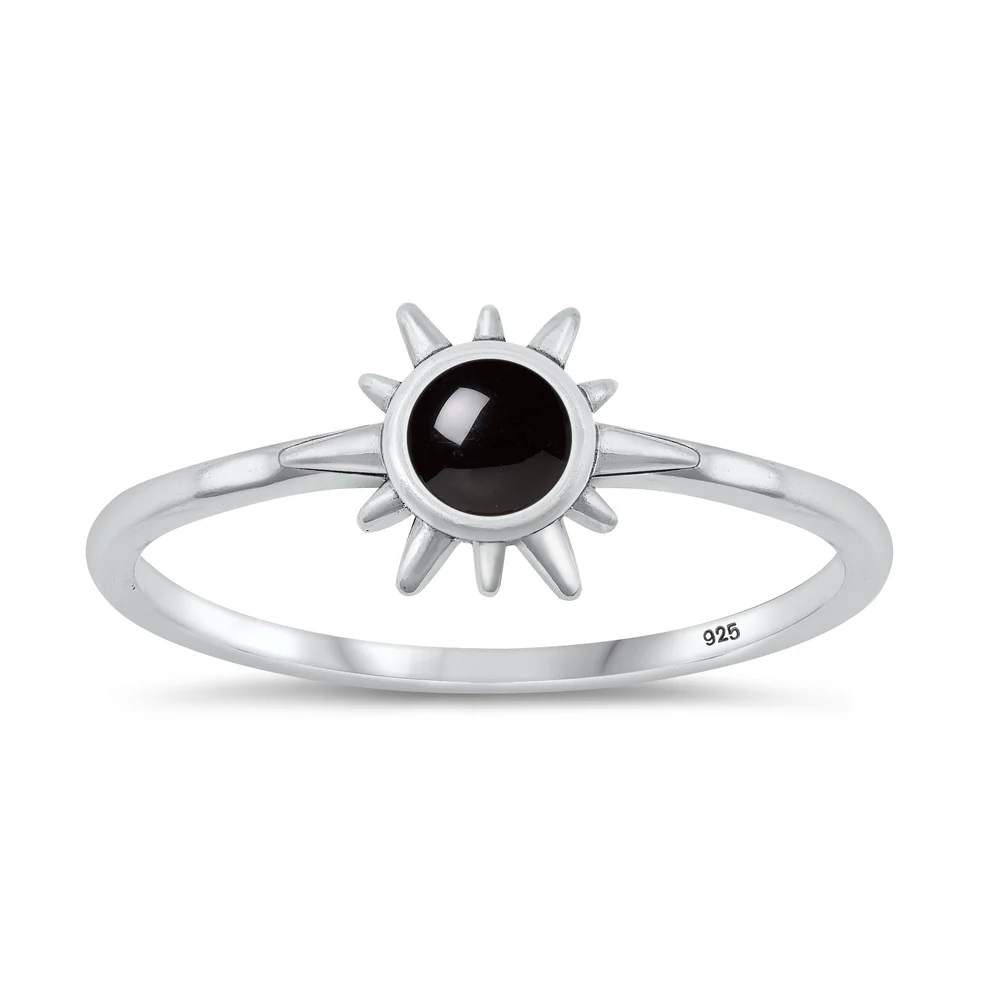 Sterling Silver Oxidized Sun Black Agate Stone Ring