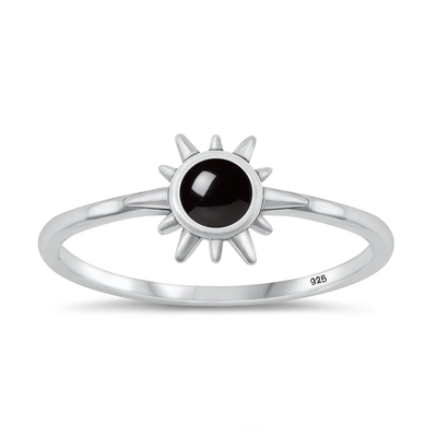 Sterling Silver Oxidized Sun Black Agate Stone Ring