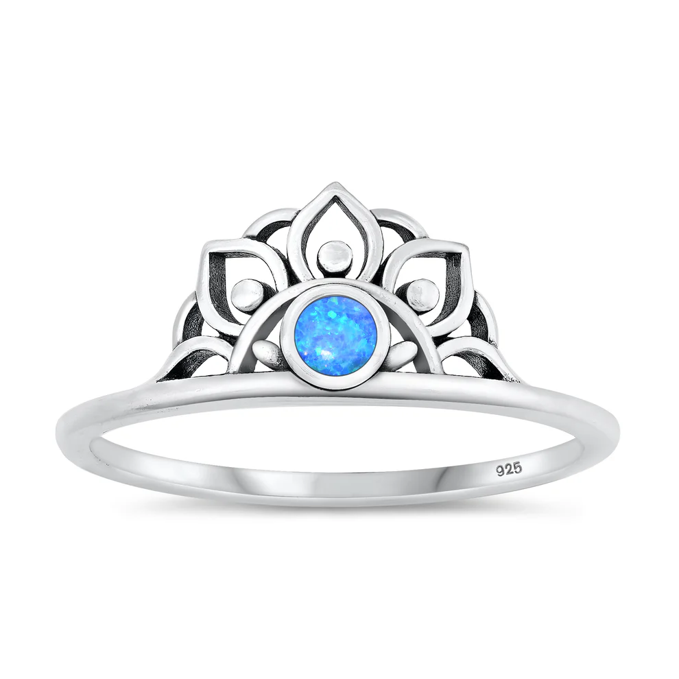 Sterling Silver Oxidized Blue Lab Opal Crown Ring