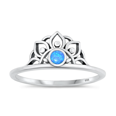 Sterling Silver Oxidized Blue Lab Opal Crown Ring