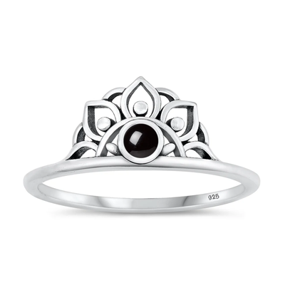 Sterling Silver Oxidized Half Flower Black Agate Stone Ring
