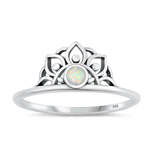 Load image into Gallery viewer, Sterling Silver Oxidized Half Flower White Lab Opal Ring