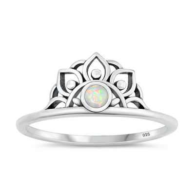 Sterling Silver Oxidized Half Flower White Lab Opal Ring
