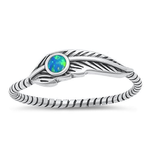 Sterling Silver Oxidized Feather Blue Lab Opal Ring-5.3mm