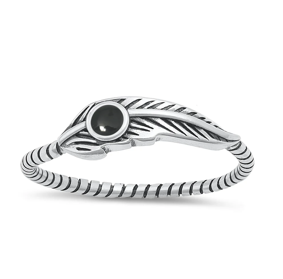 Sterling Silver Oxidized Feather Black Agate Stone Ring