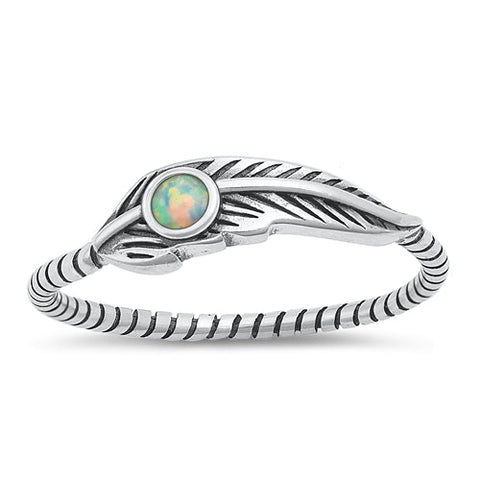 Sterling Silver Oxidized Feather White Lab Opal Ring-5.3mm