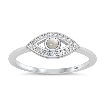Sterling Silver Rhodium Plated Evil Eye Clear CZ And Moonstone Ring
