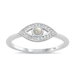 Sterling Silver Rhodium Plated Evil Eye Clear CZ And Moonstone Ring